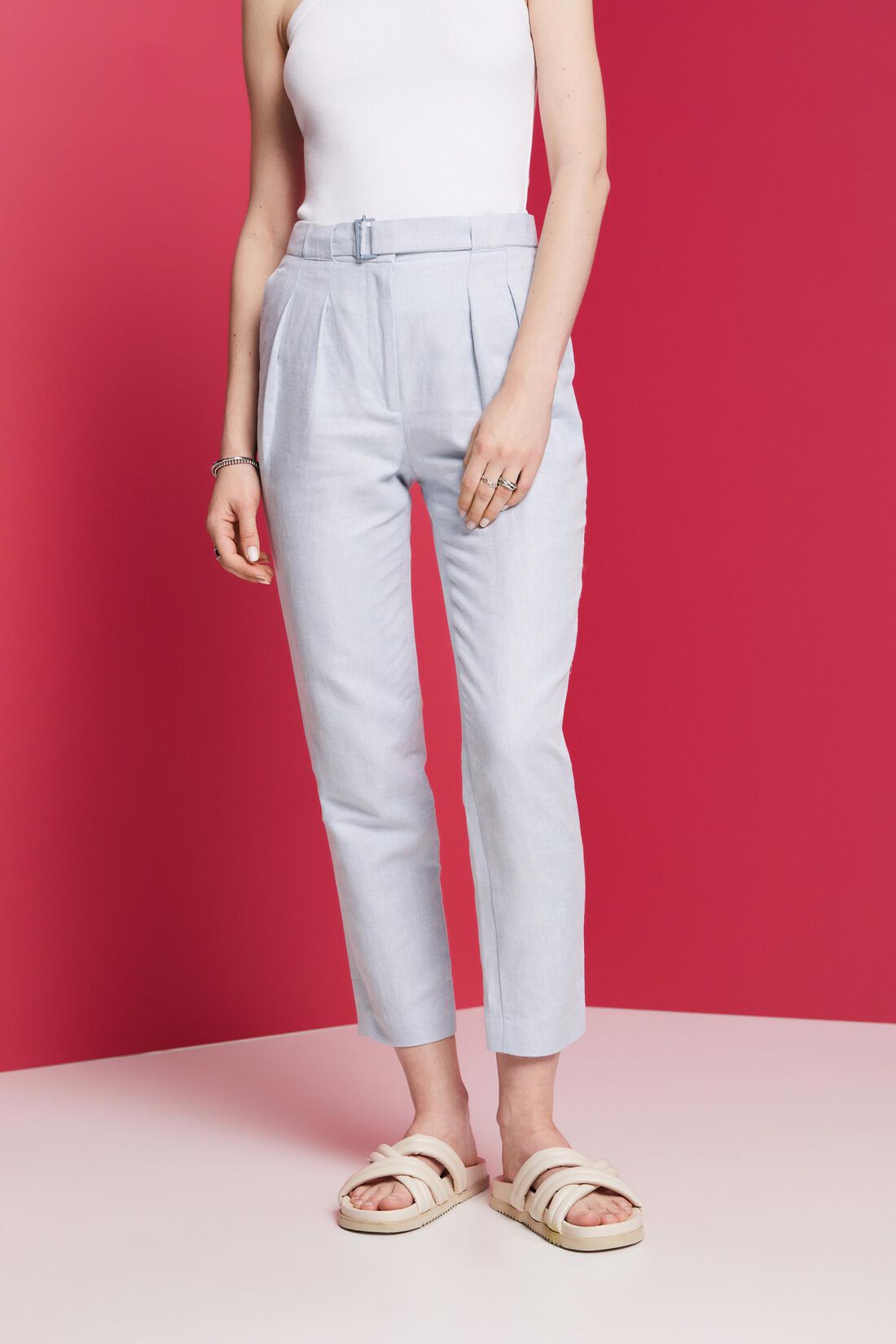 Gecroppte Chinohose mit fixiertem G&uuml;rtel, Leinen-Mix