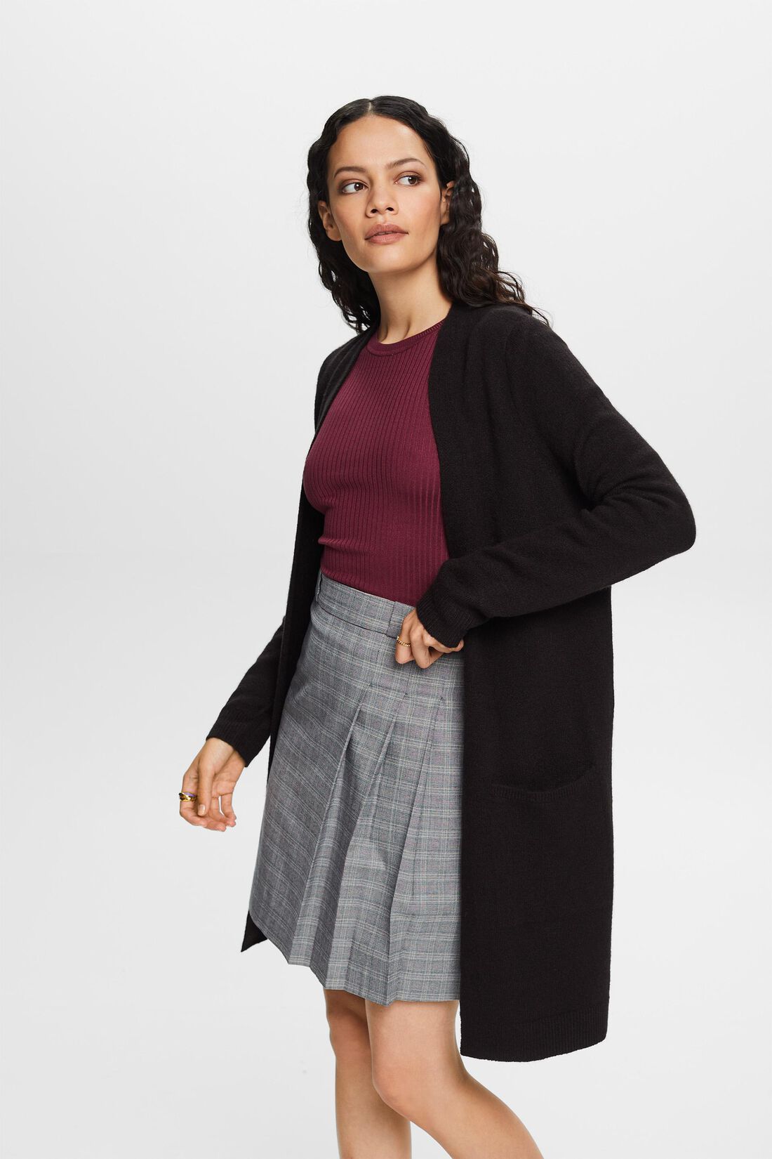 Langer, offener Cardigan aus Wollmix