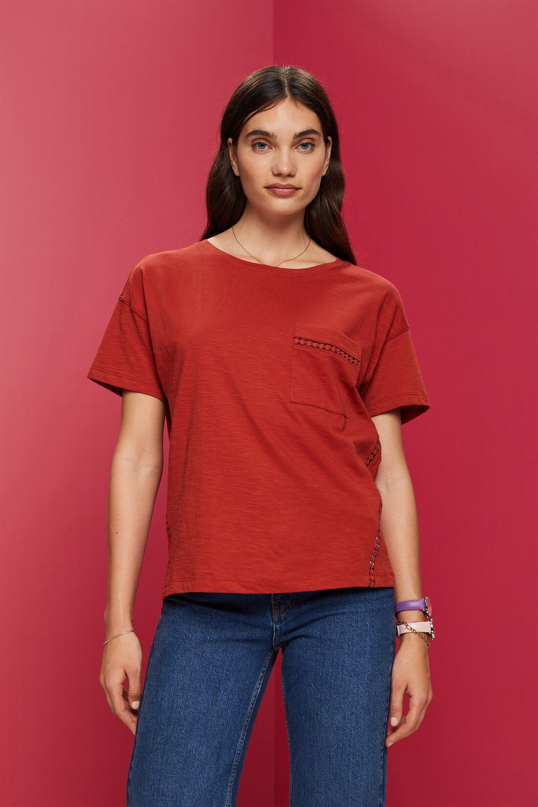 T-Shirt mit Spitzenb&auml;ndern, 100 % Baumwolle