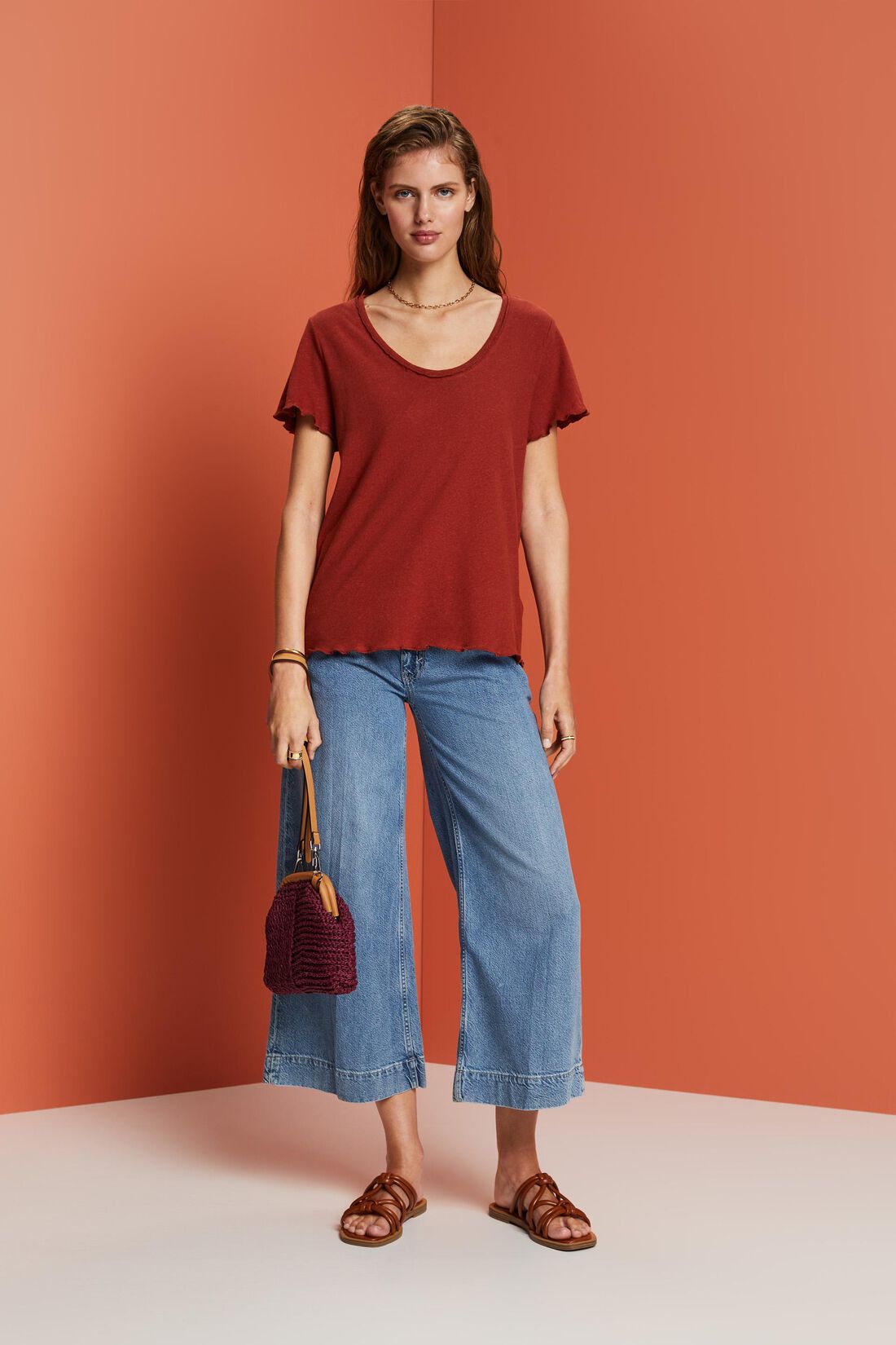 T-Shirt mit Rollkanten, Baumwolle-Leinen-Mix