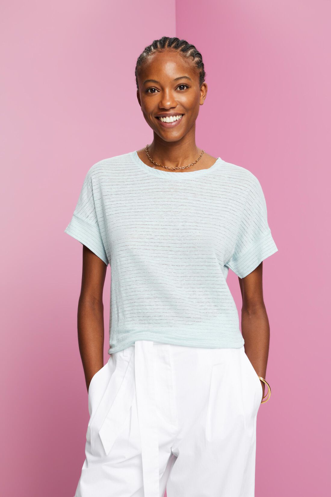 Leinen-T-Shirt mit Glitzerstreifen