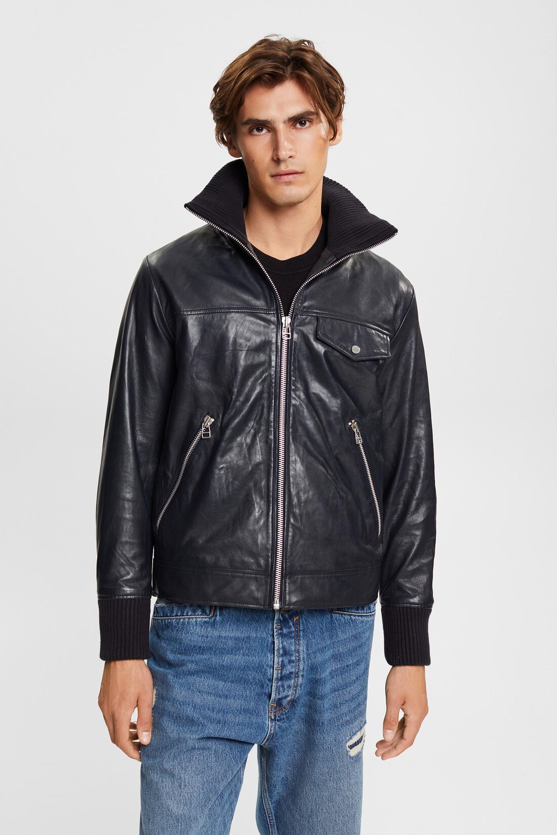 Lederjacke mit Kragen in Rippstrickoptik