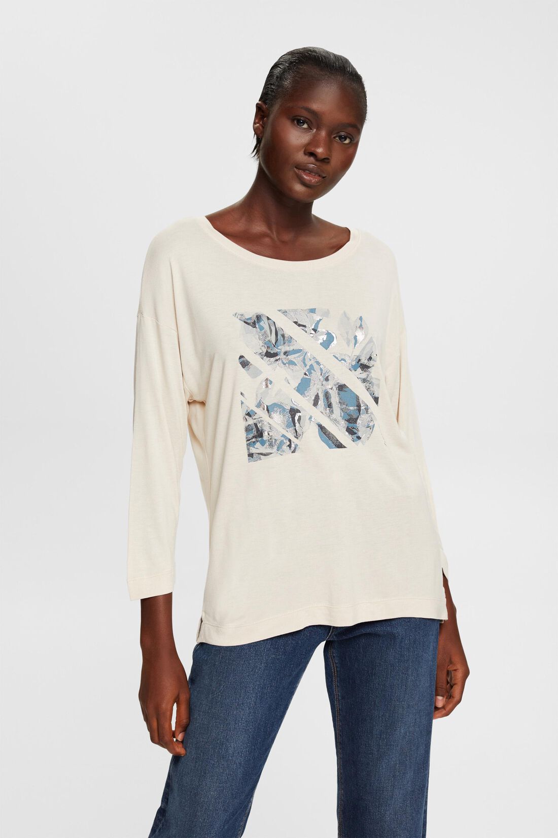 Lang&auml;rmeliges Longsleeve mit Natur-Print, LENZING&trade; ECOVERO&trade;