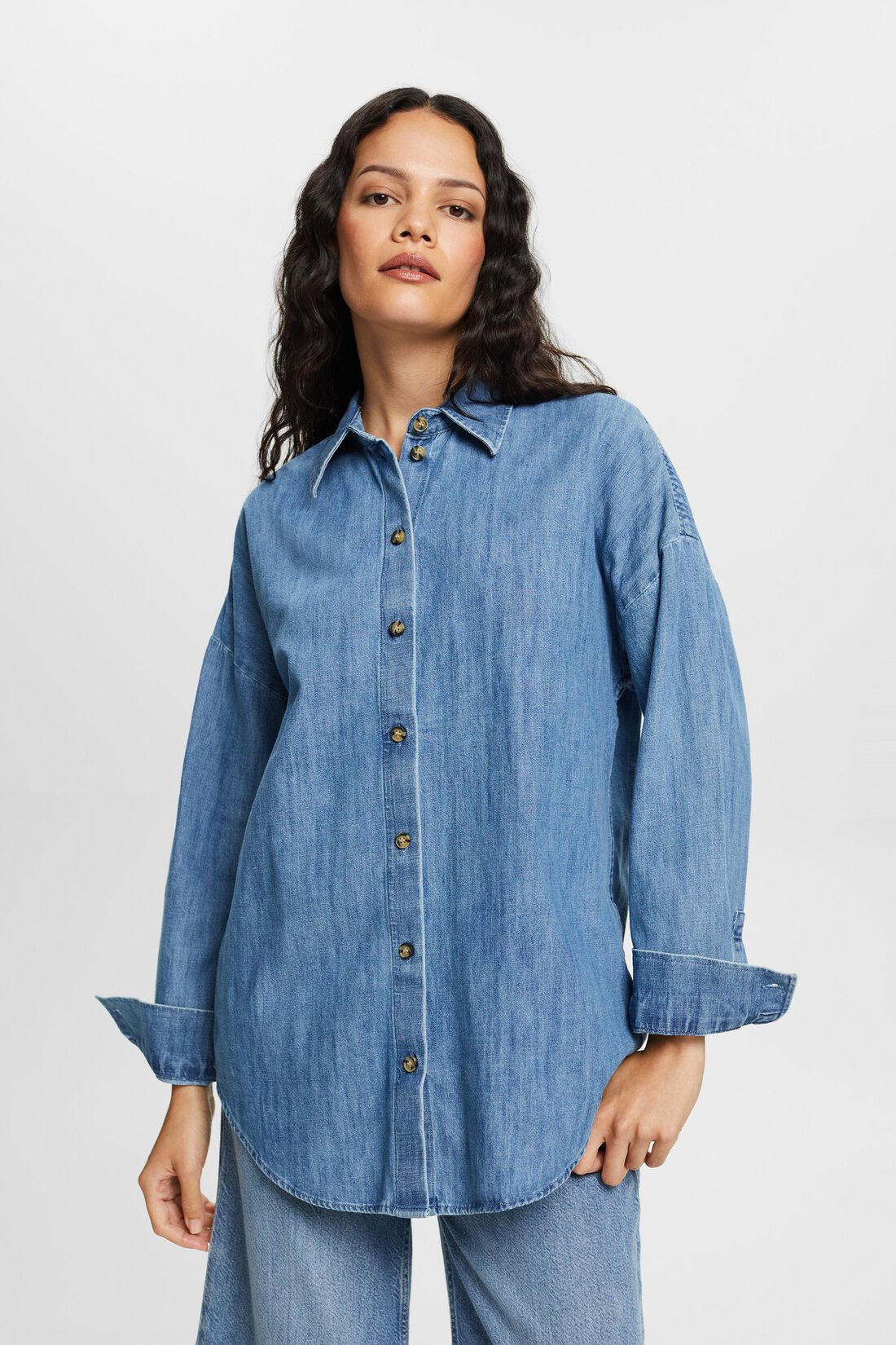 Oversized Jeans-Hemdbluse, 100% Baumwolle