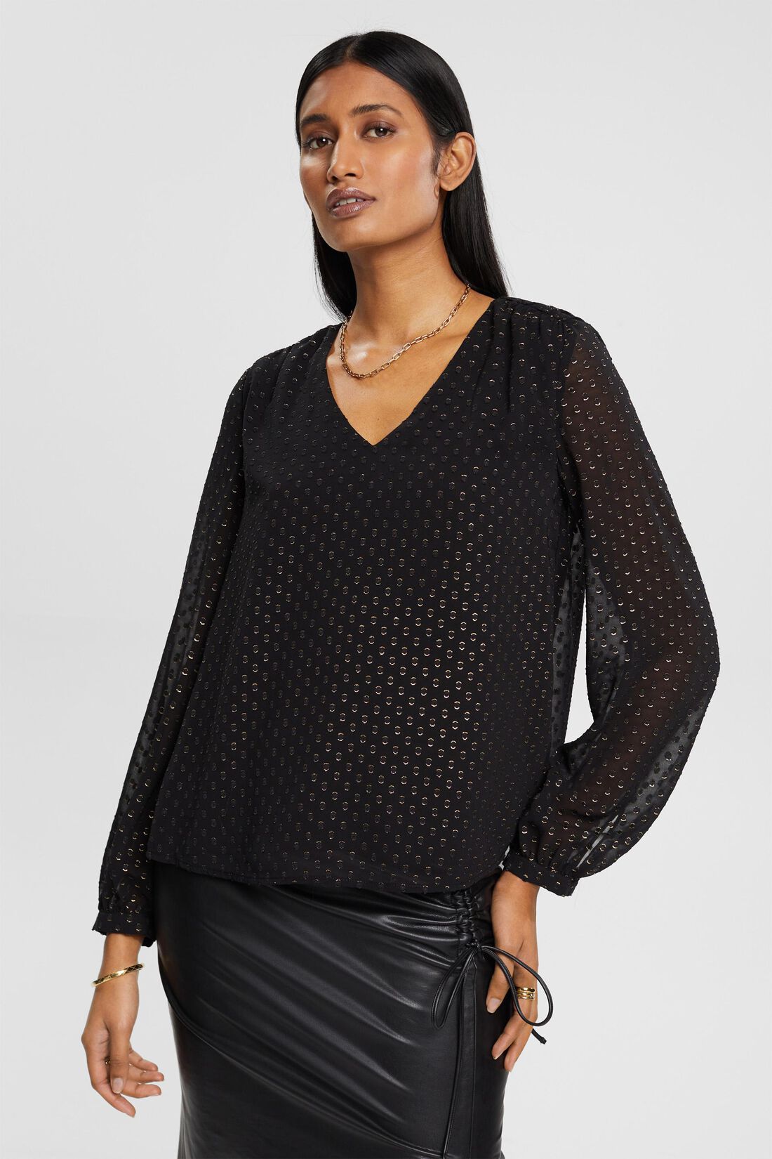 Bluse mit V-Ausschnitt und goldenem Glitter-Effekt