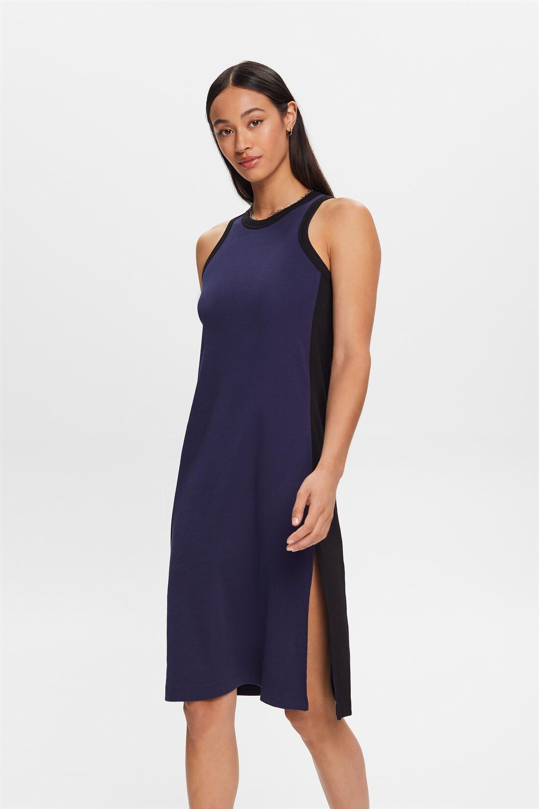 Geripptes Midikleid aus Jersey, Stretchbaumwolle