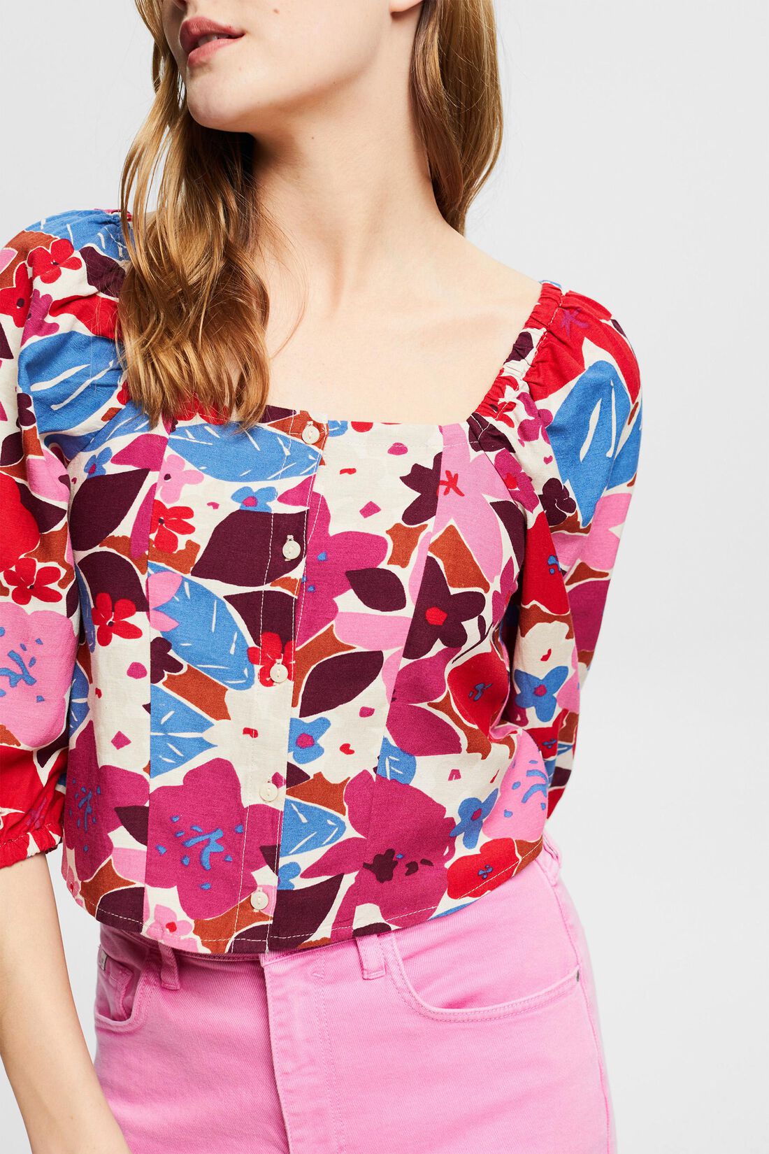 Mit Leinen: Cropped Shirt mit Blumenmuster
