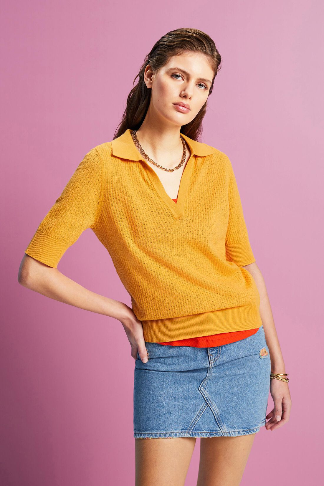 Pointelle-Pullover mit Polokragen, Seidenmix