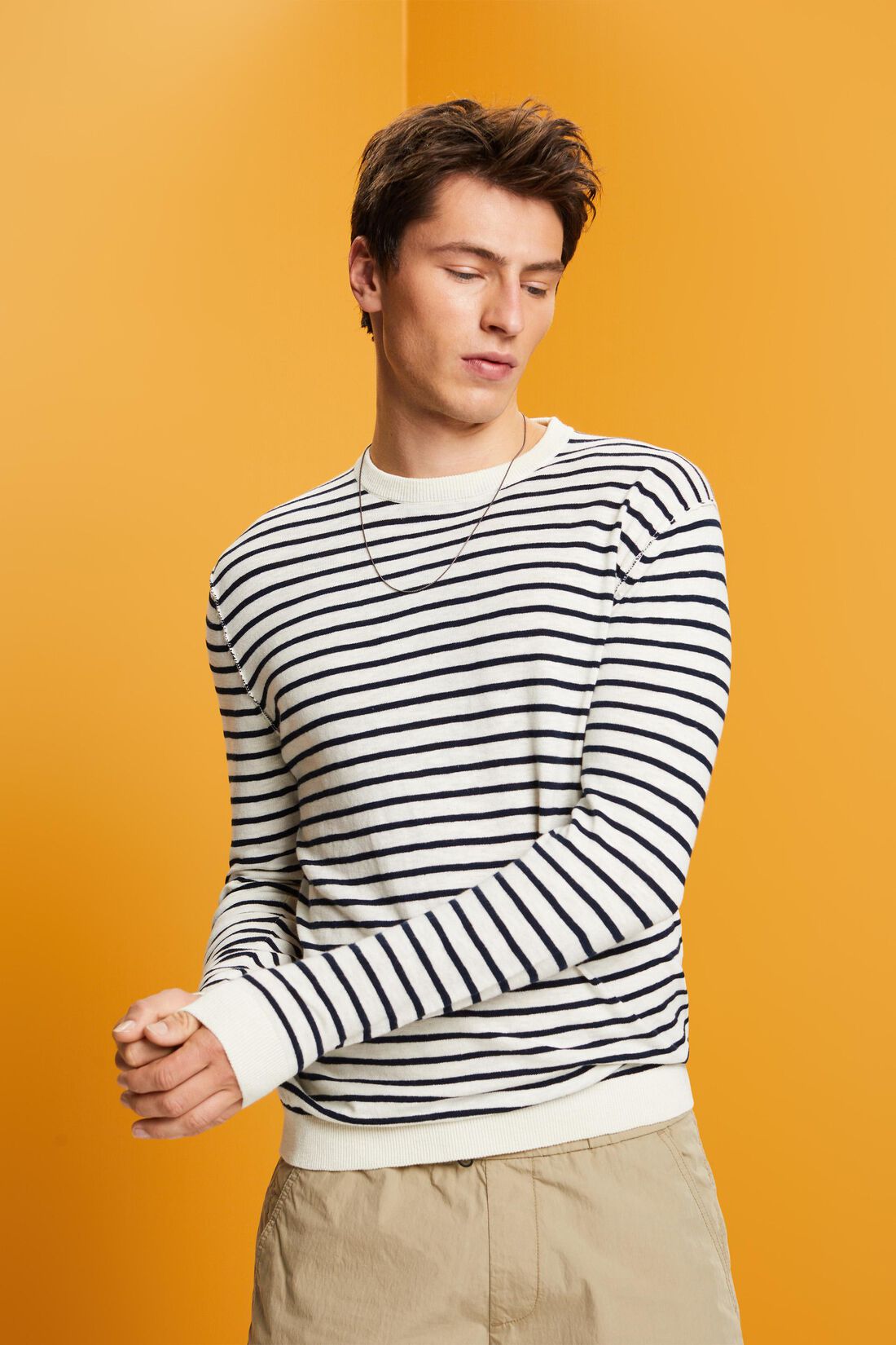 Gestreifter Rundhals Pullover, Baumwoll-Leinenmix