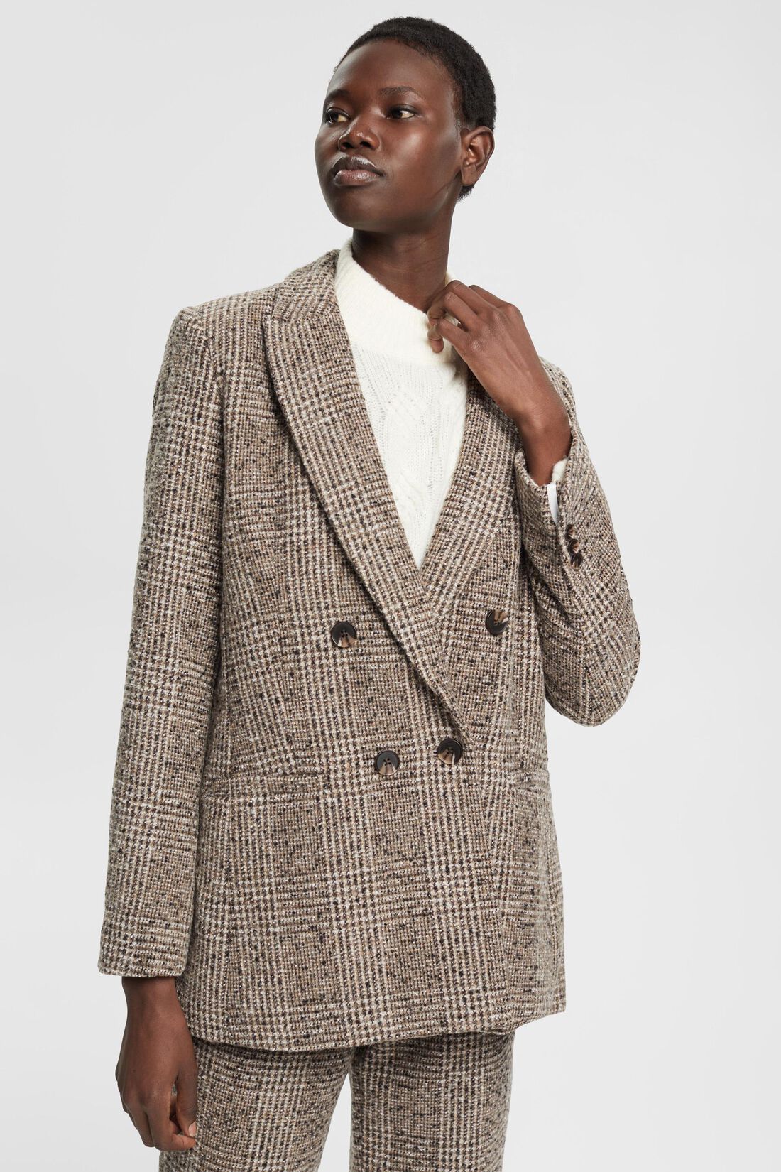Boucl&eacute;-Blazer mit Karomuster aus Wollmix