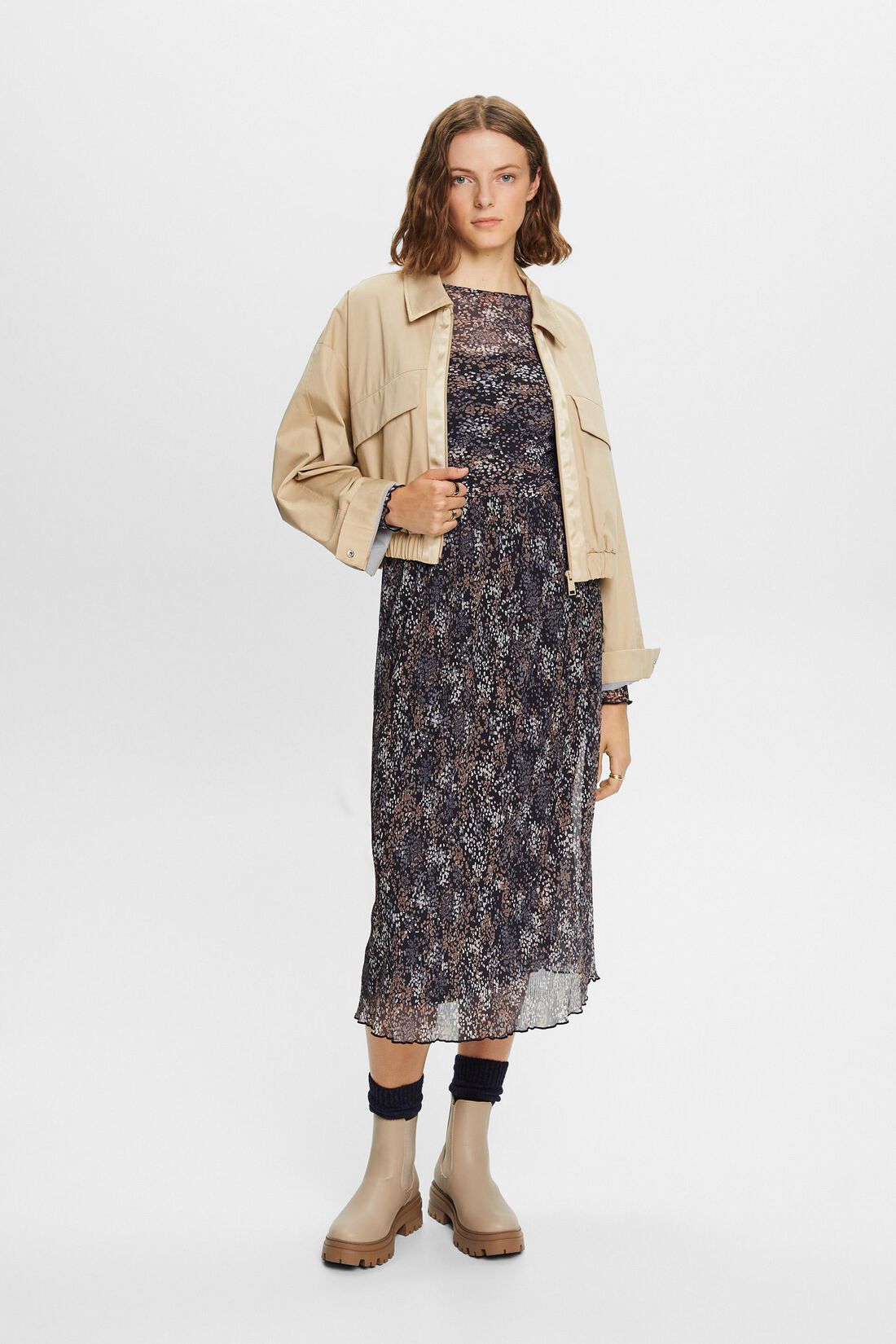 Plissiertes Mesh-Kleid mit Muster