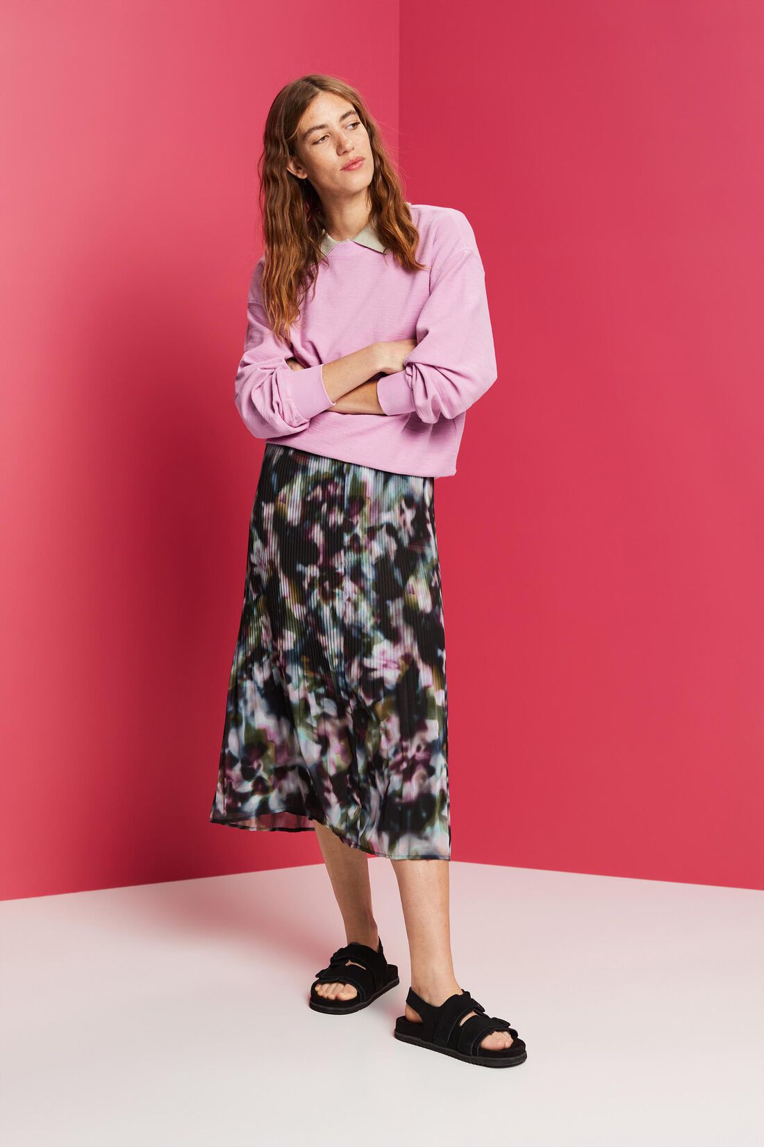 Plissierter Chiffon-Midirock mit Print