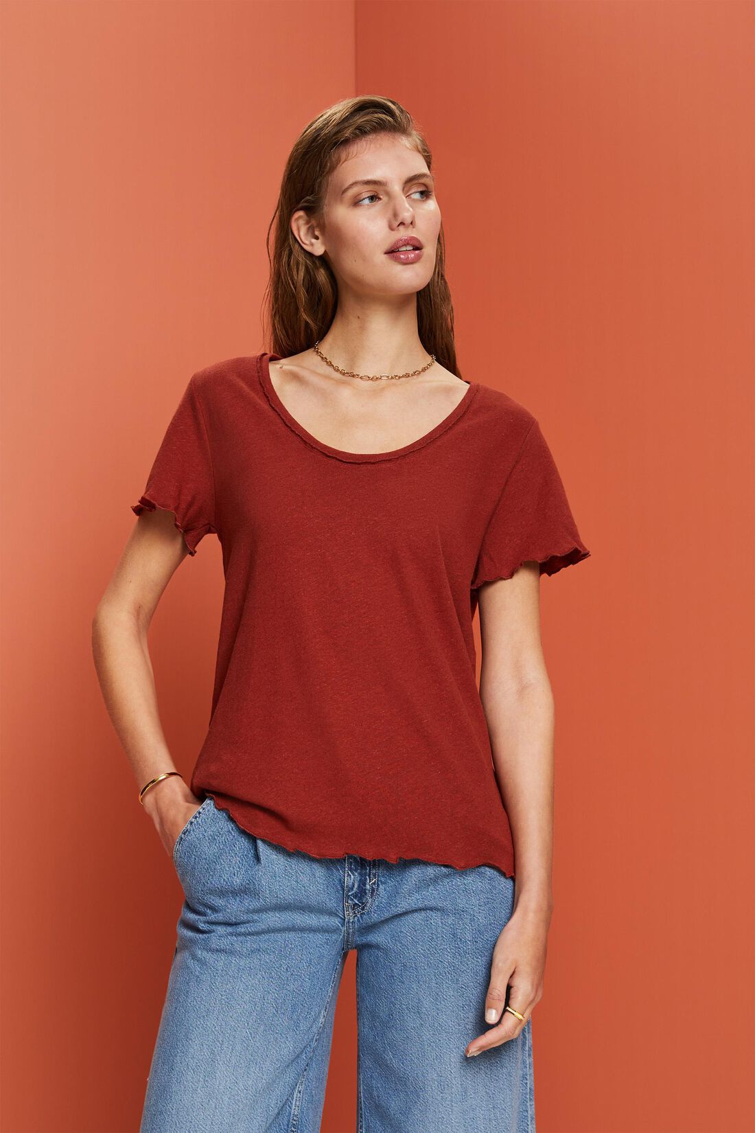 T-Shirt mit Rollkanten, Baumwolle-Leinen-Mix