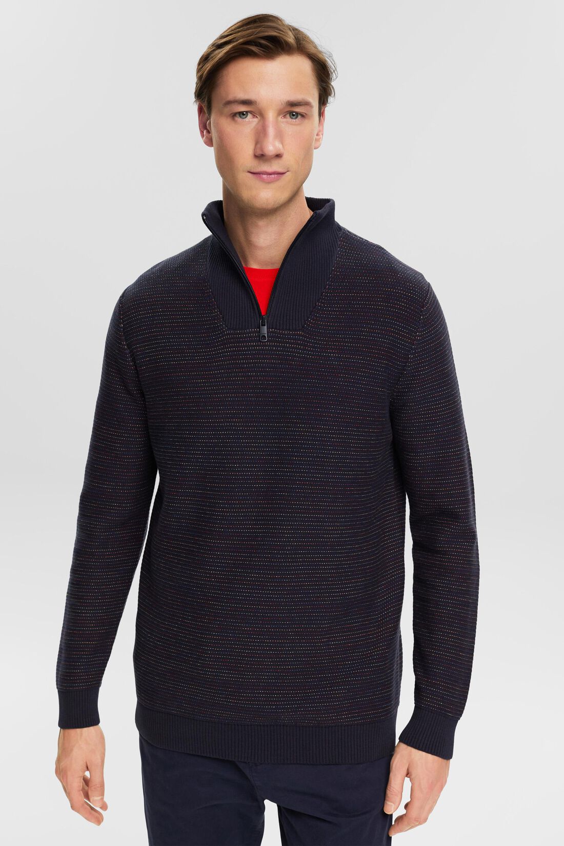 Strickpullover mit halbem Zipper und Streifen