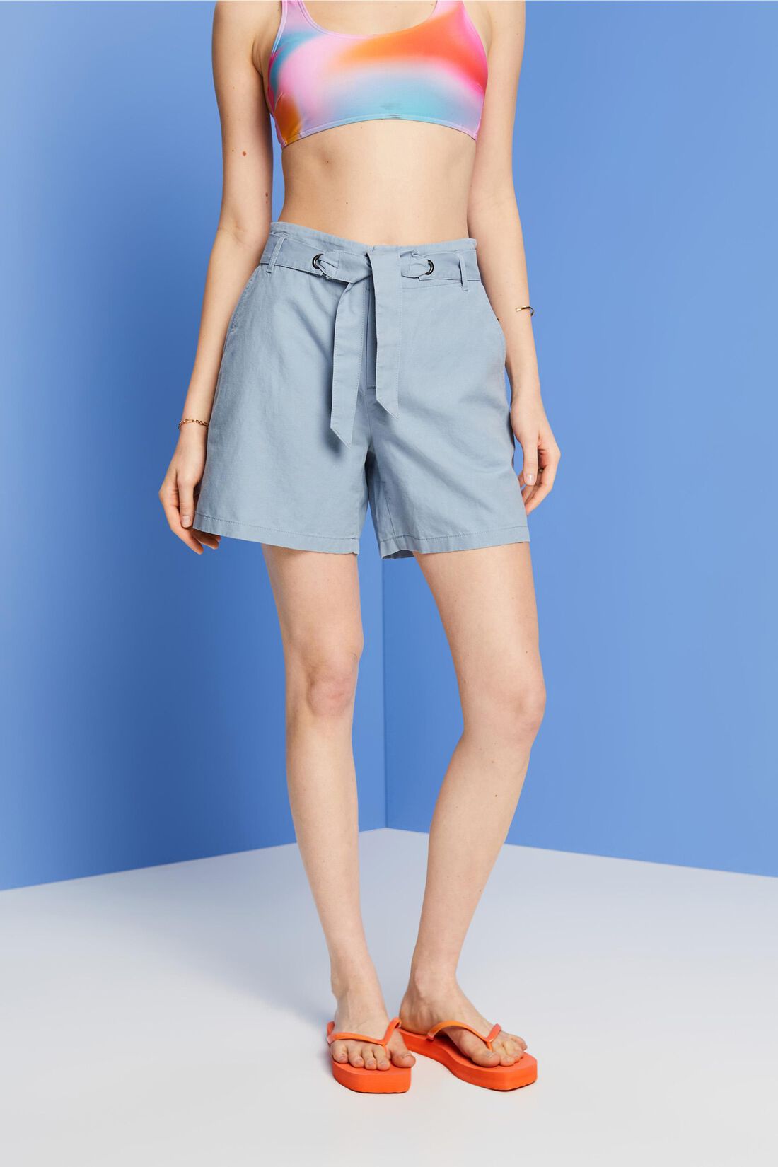 Shorts mit Bindeg&uuml;rtel, Baumwoll-Leinenmix