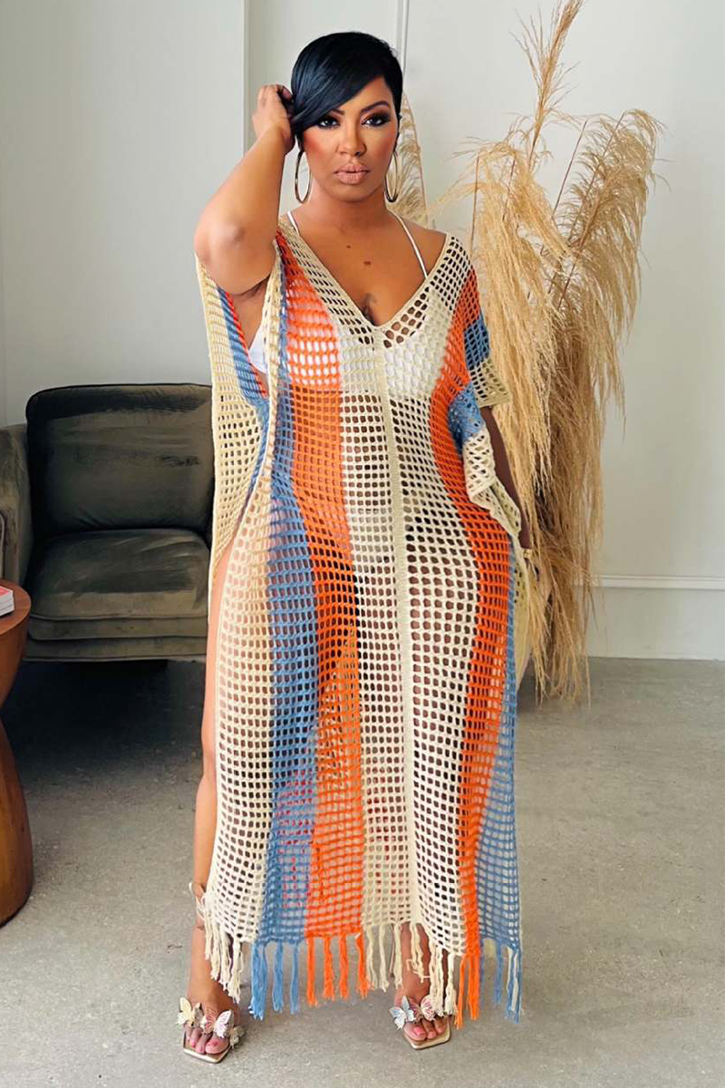 Colorblock Striped Knit V Neck Slit Fringed Cover Ups Maxi Dresses-Orange
