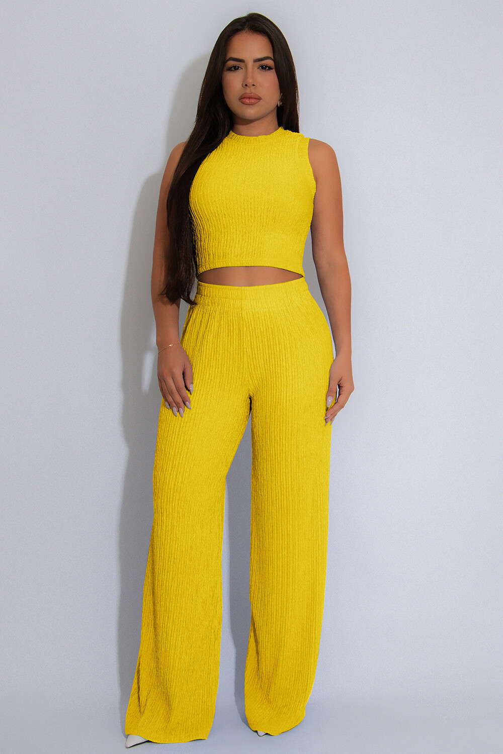 Solid Color Textured Knit Crop Tank Top Wide Leg Pants Casual 2pcs Set-Yellow