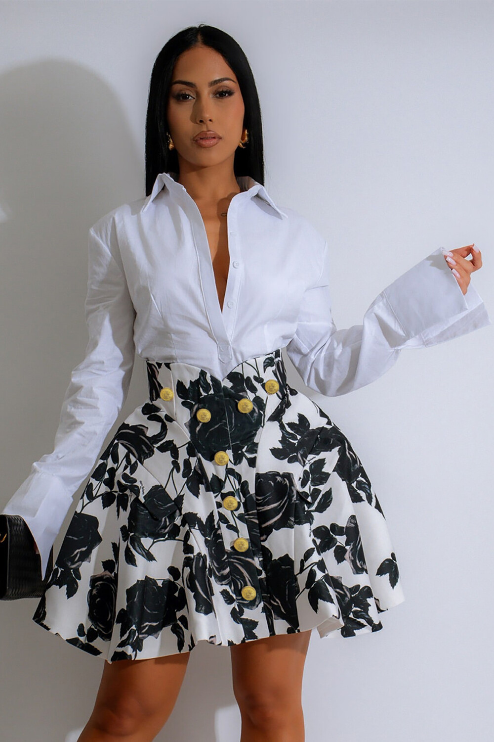 Turndown Collar Shirt Floral Print Buttons Bouffant Mini Skirt 2pcs Set-White