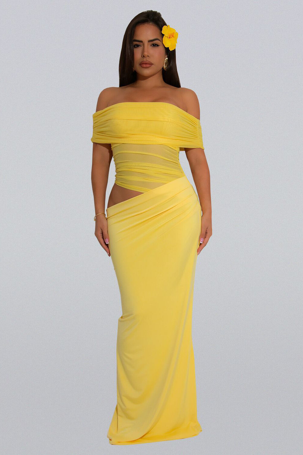 Off Shoulder Ruched Mesh Patchwork Cutout Slim Fit Plain Maxi Dresses-Yellow