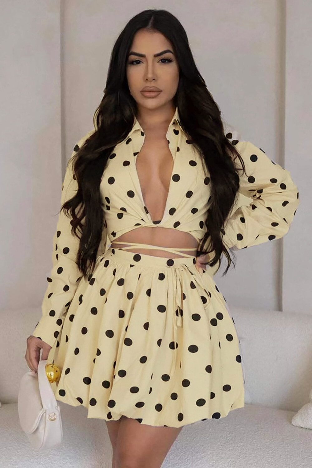 Polka Dot Print Long Sleeve Crop Blouse Bubbled Mini Skirt 2pcs Set-Yellow