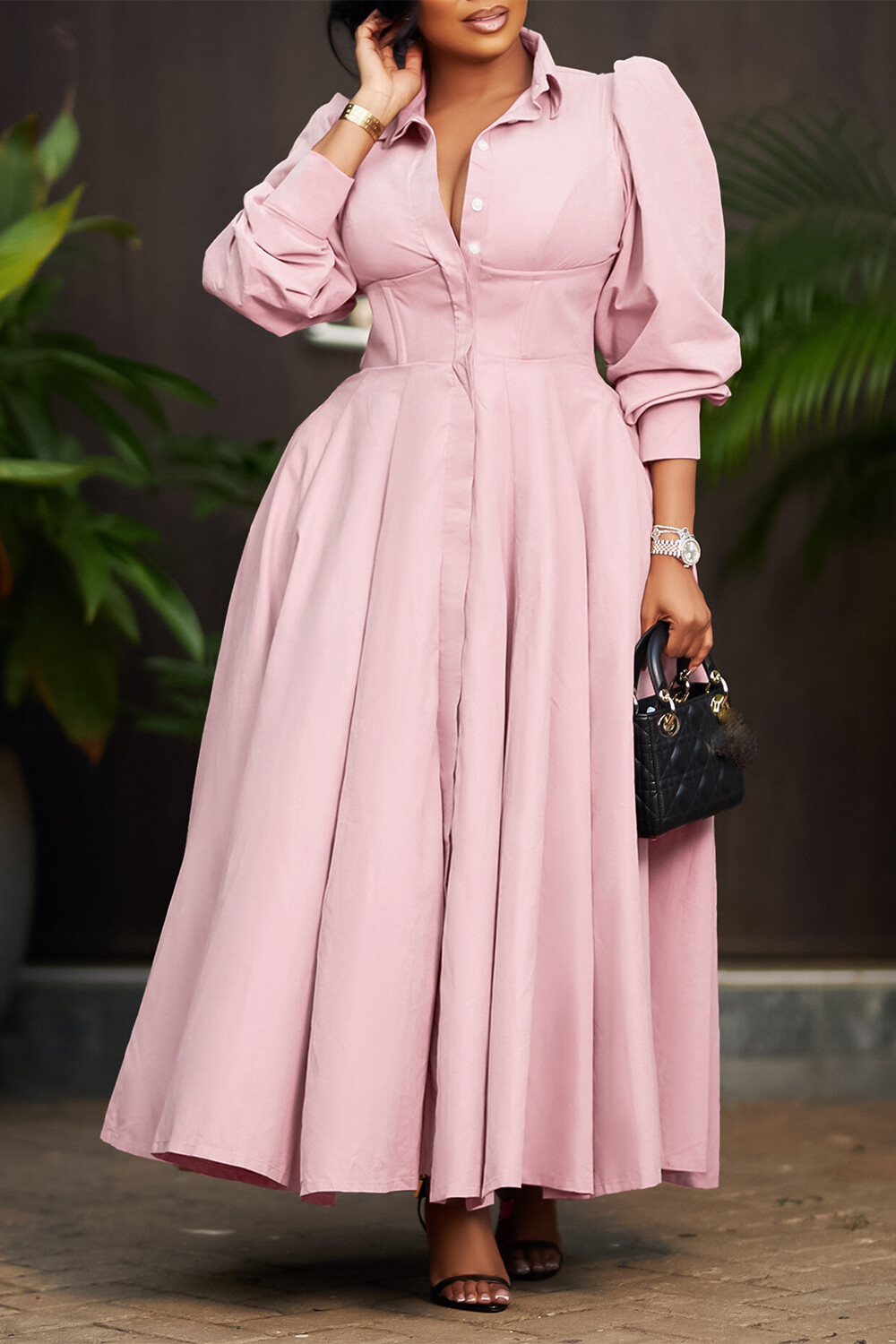 Turndown Collar Long Sleeve Cinch Waist Solid Color Maxi Shirt Dresses-Pink