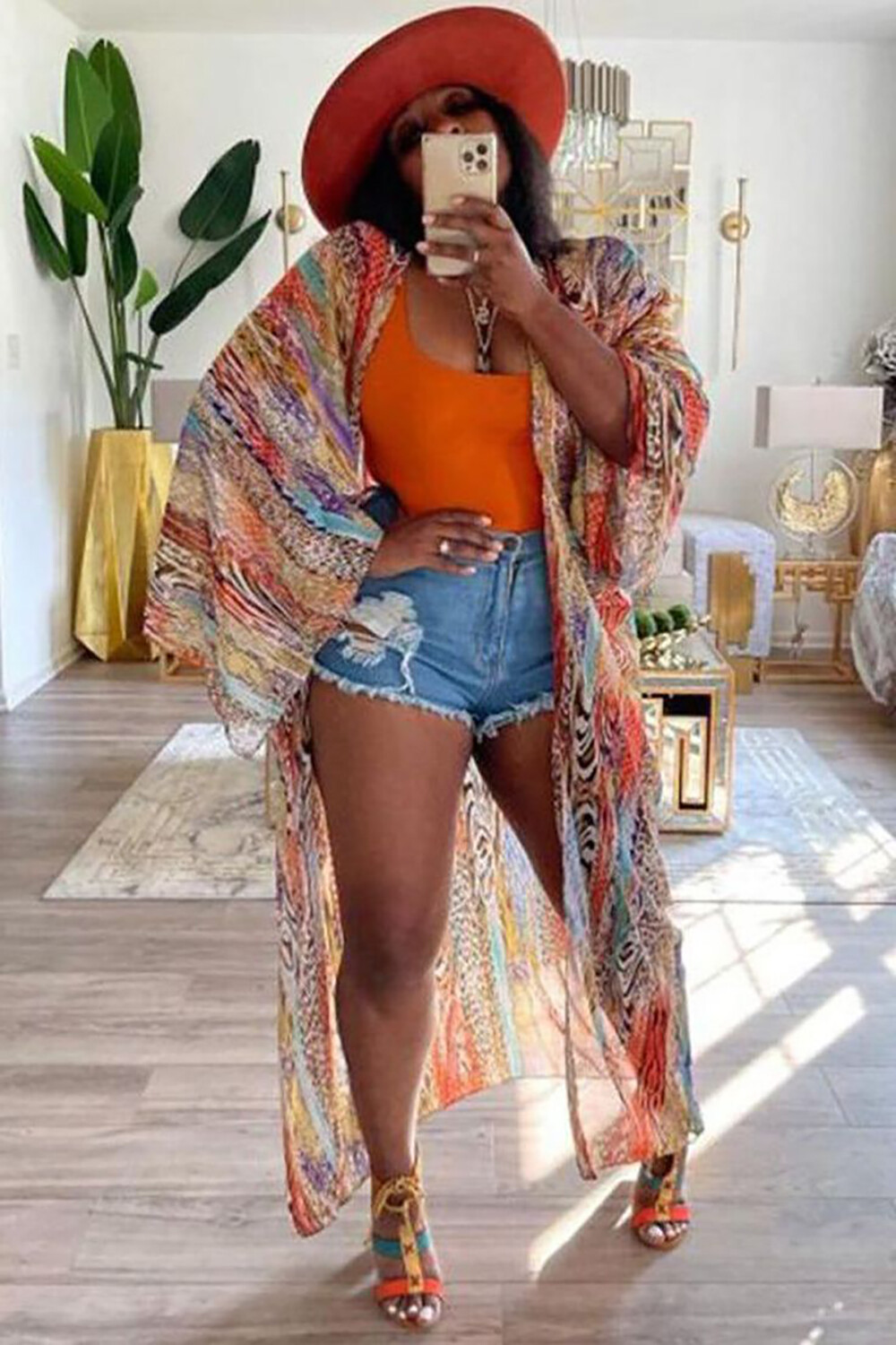 Multicolor Mixed Print Wide Sleeve Vacation Chiffon Long Cardigan-Multicolor