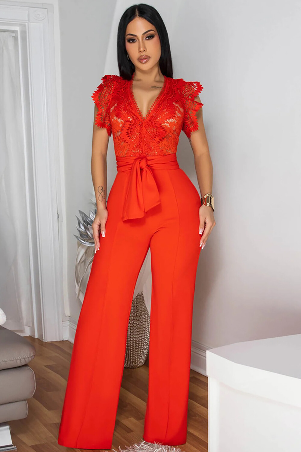 Hollow Out Pattern V Neck Tie Up Straight Leg Sleeveless Jumpsuit-Yellow