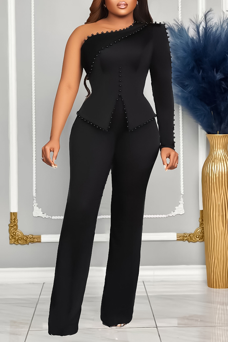 Beads Single Long Sleeve A-Line Top Straight Leg Pants Matching Set-Black