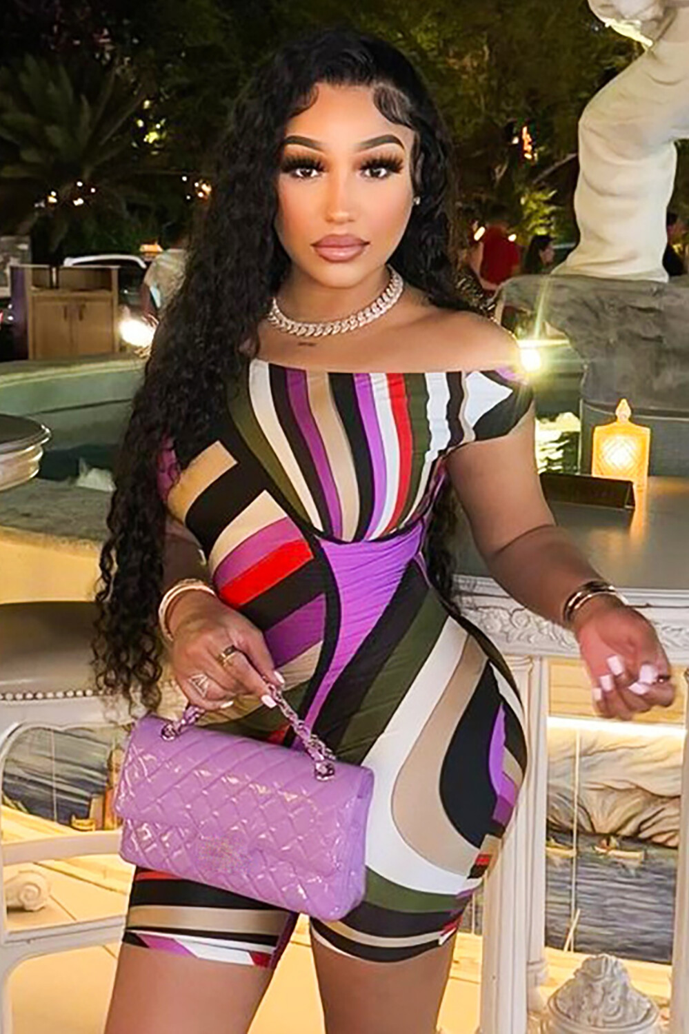 Multicolor Print Off Shoulder Short Sleeve Slim Fit Playsuit Romper-Purple