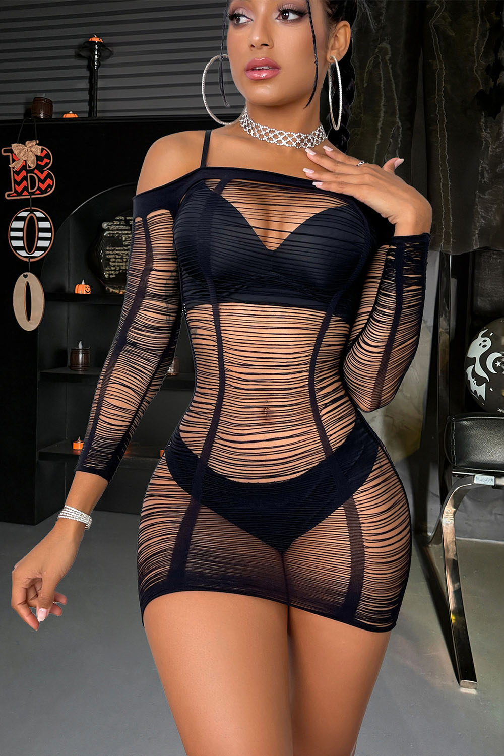 Off Shoulder Fringe See-Through Long Sleeve Bodycon Party Mini Dresses-Black