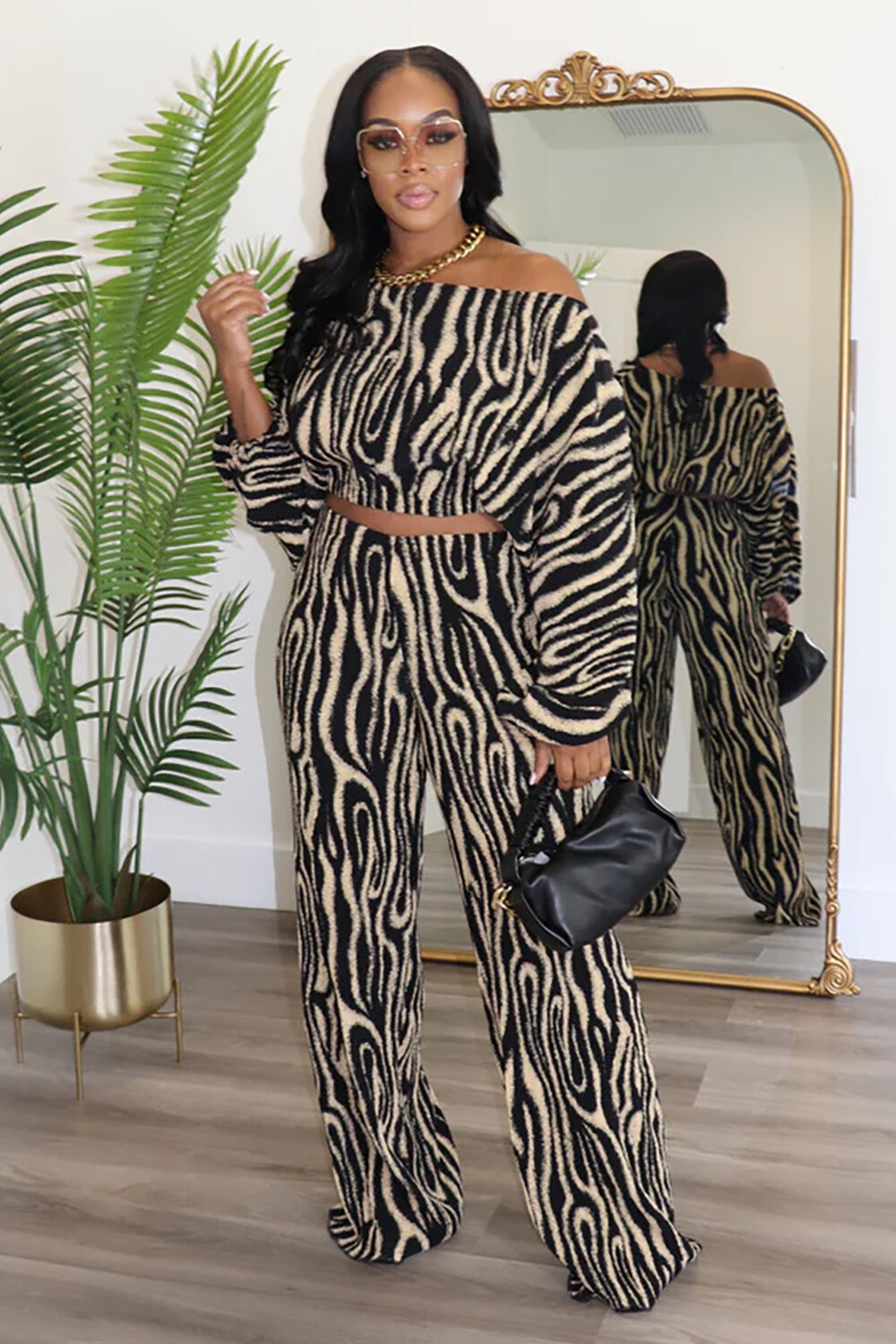 Abstract Striped Print Off Shoulder Crop Top Wide Leg Pants 2pcs Set-Black