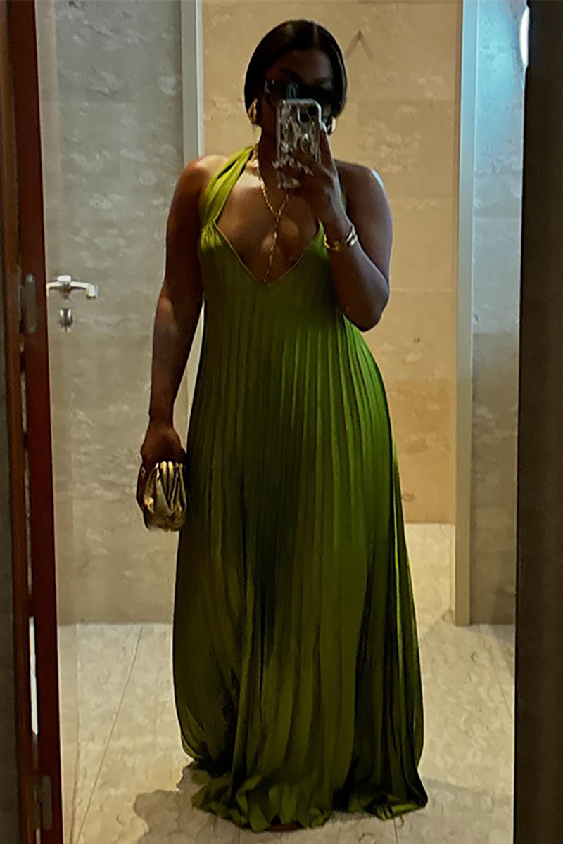 Irregular Neckline Pleated Hem Backless Halter Neck Gowns Maxi Dresses-Green