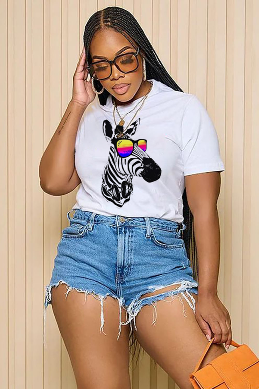 LORAGAL Sunglasses Zebra Print Short Sleeve Loose-Fit Casual T-Shirt-White