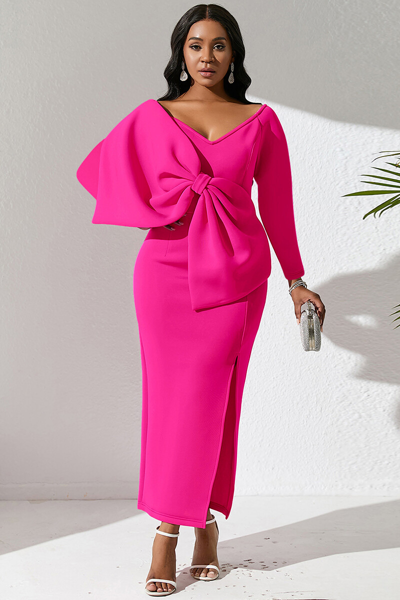 Oversize Bow Decor V Neck Long Sleeve Bodycon Slit Party Midi Dresses-DeepPink