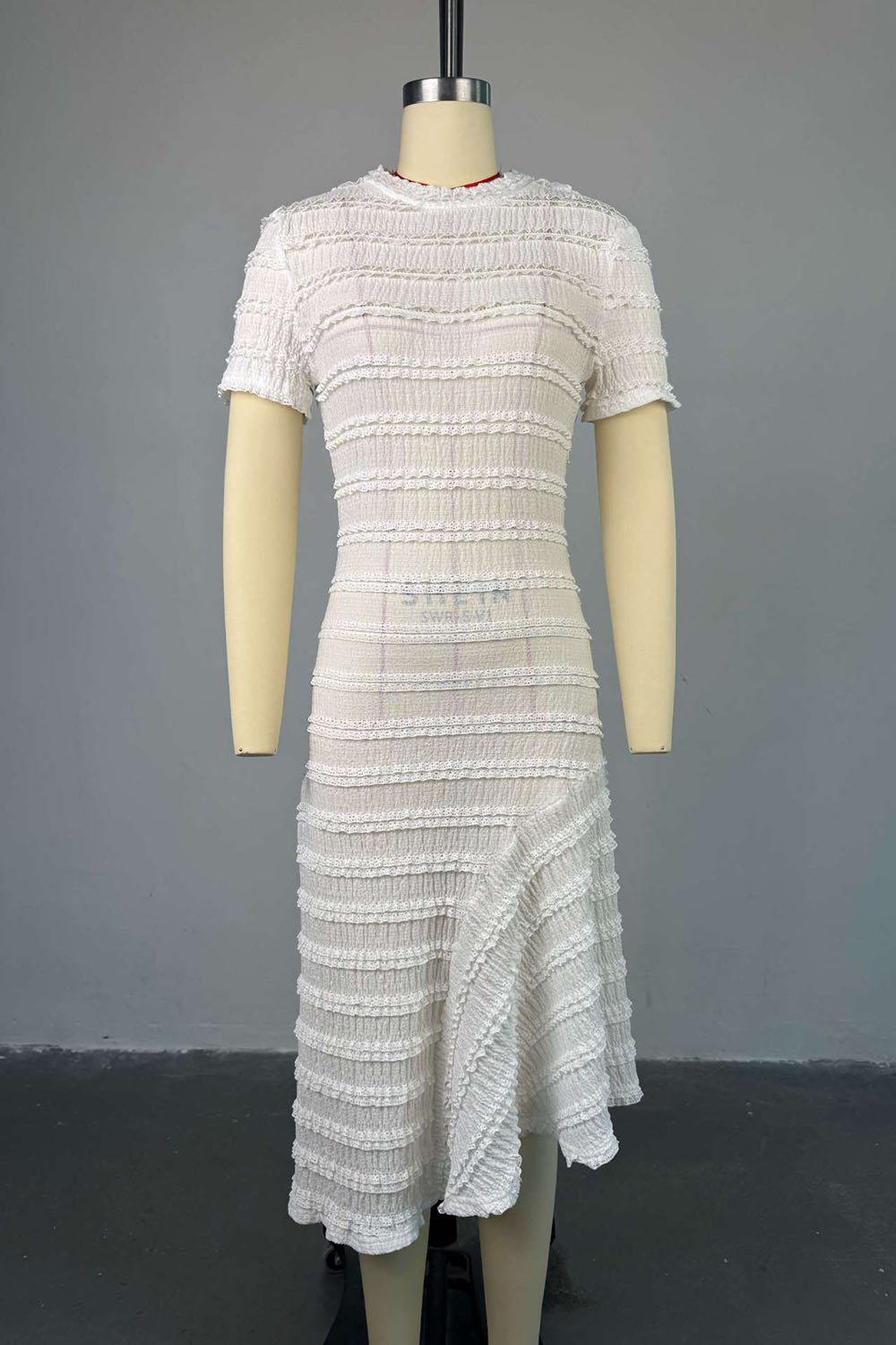 Crew Neck Short Sleeve Cinch Waist Wrinkle Overlap Daily Maxi Dresses-White