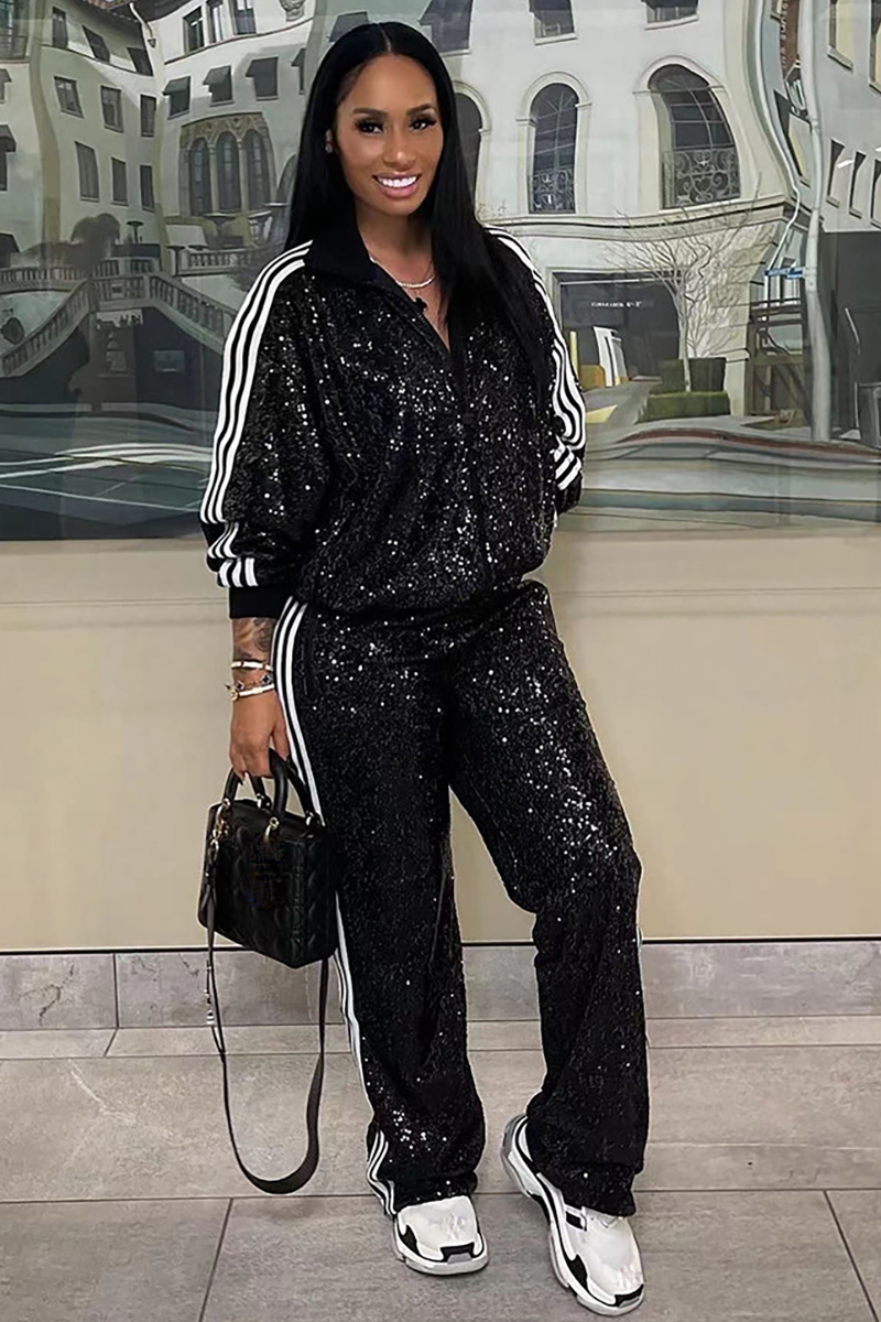 Striped Pattern Sequin Long Sleeve Jacket Straight Leg Pants Matching Set-Black