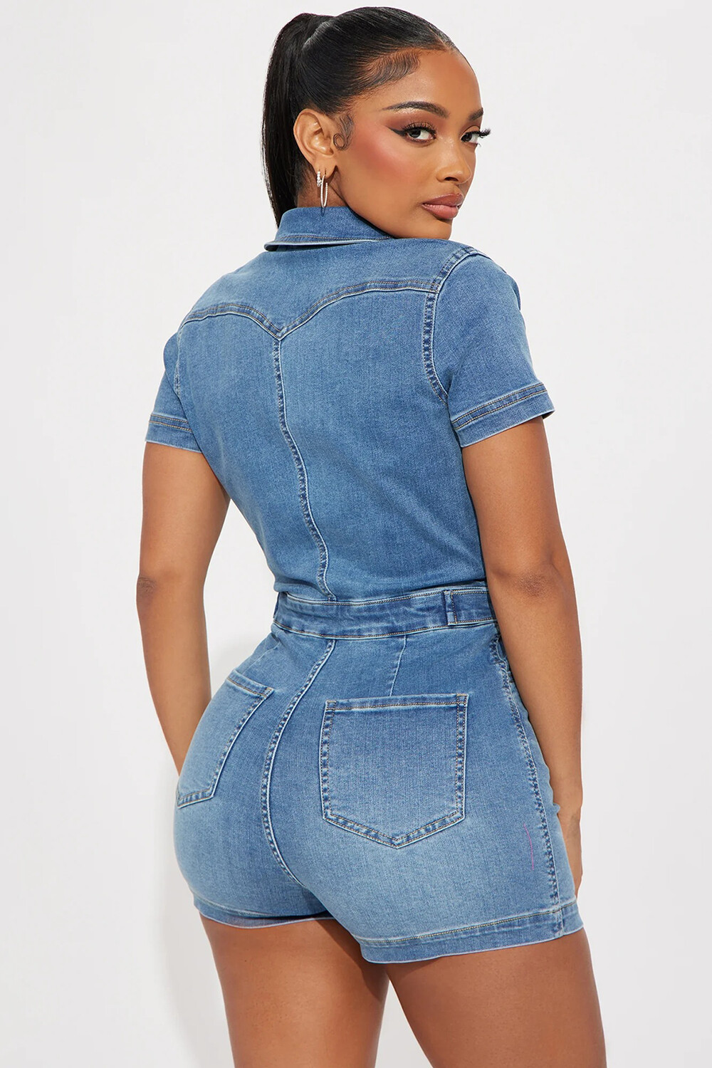 Short Sleeve Turndown Collar Button Up Casual Slim Fit Playsuit Romper-Blue