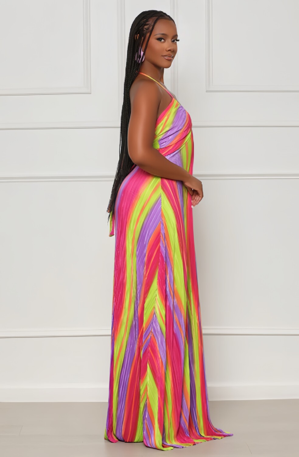 V Neck Halter Backless Colorblock Stripe Print Vacation Maxi Dresses-Pink