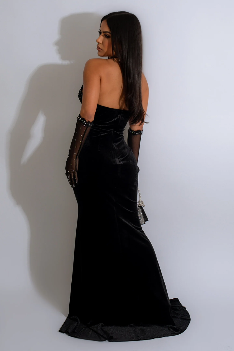 Rhinestone Decor Halter Corset Slit Fishtail Hem Gowns Maxi Dresses-Black