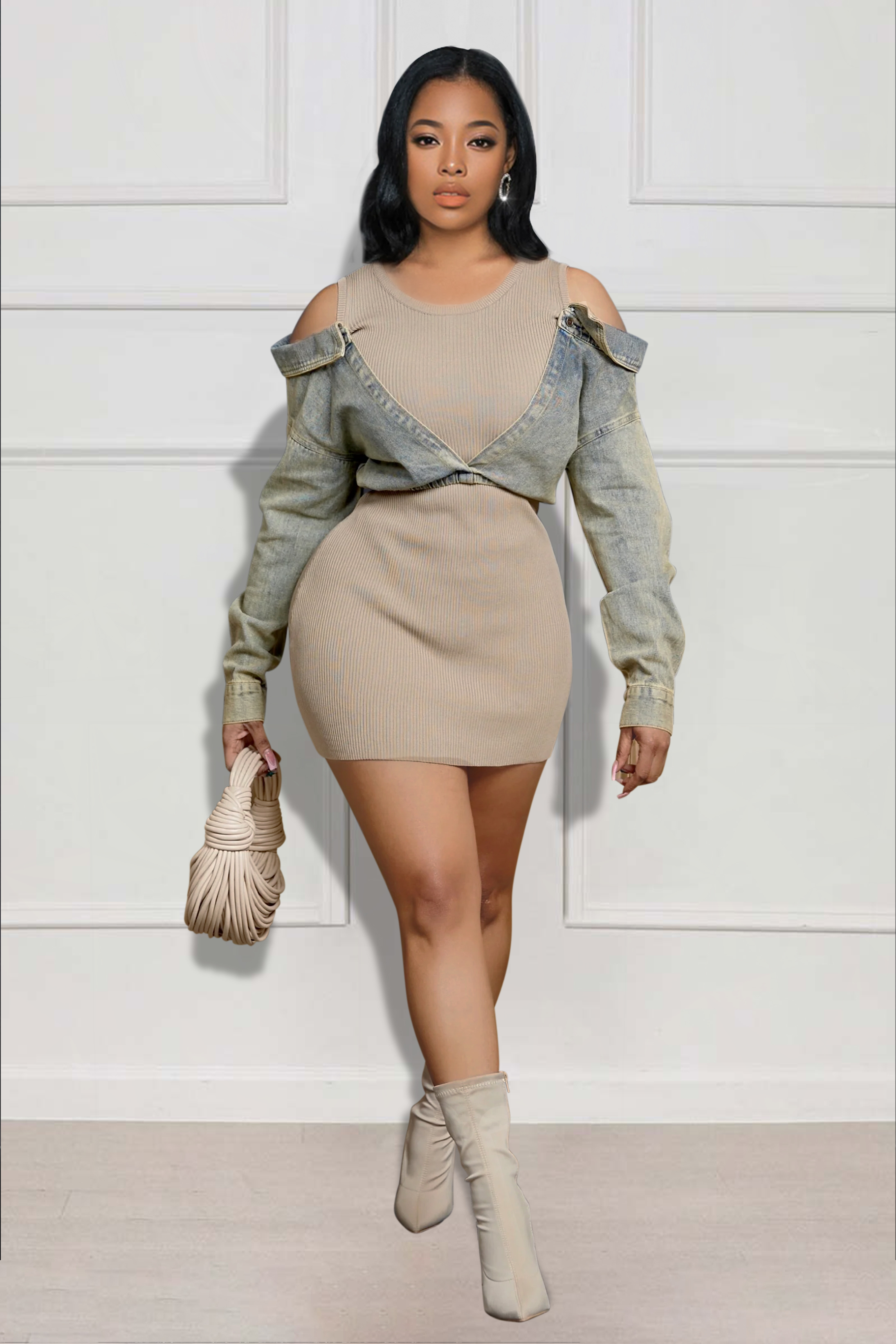 Cold Shoulder Denim Patchwork Long Sleeve Pit Knit Bodycon Mini Dresses-Khaki