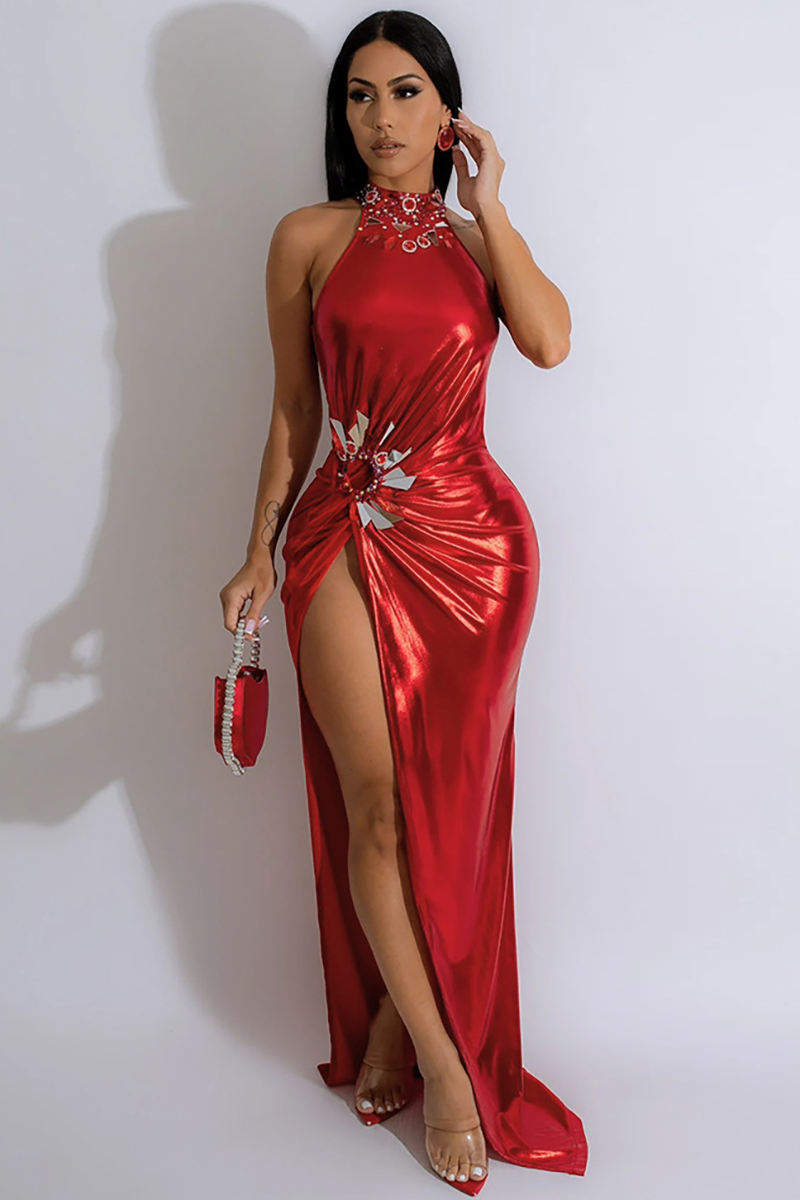 Rhinestone Sleeveless High Neck Ruched High Slit Gowns Maxi Dresses-Pink