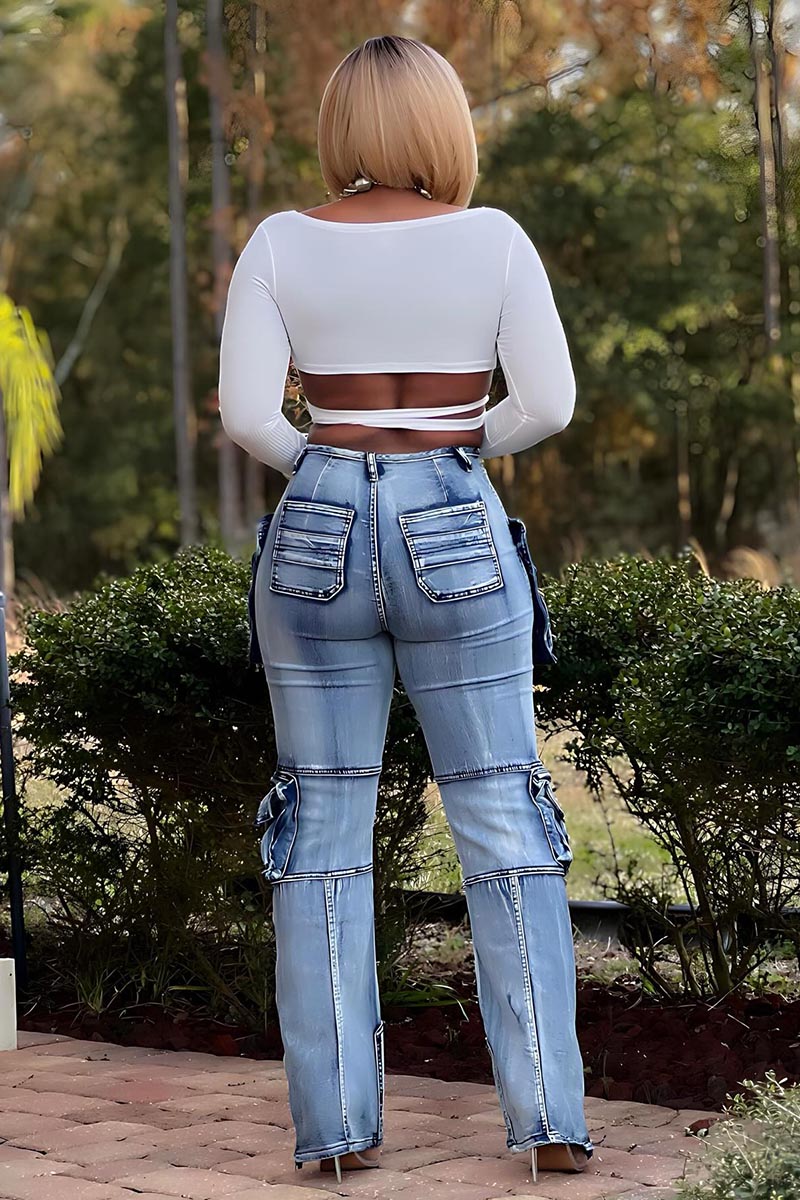 Vintage Washed Asymmetric Cargo Pockets Quilted Straight Leg Denim Pants-Blue