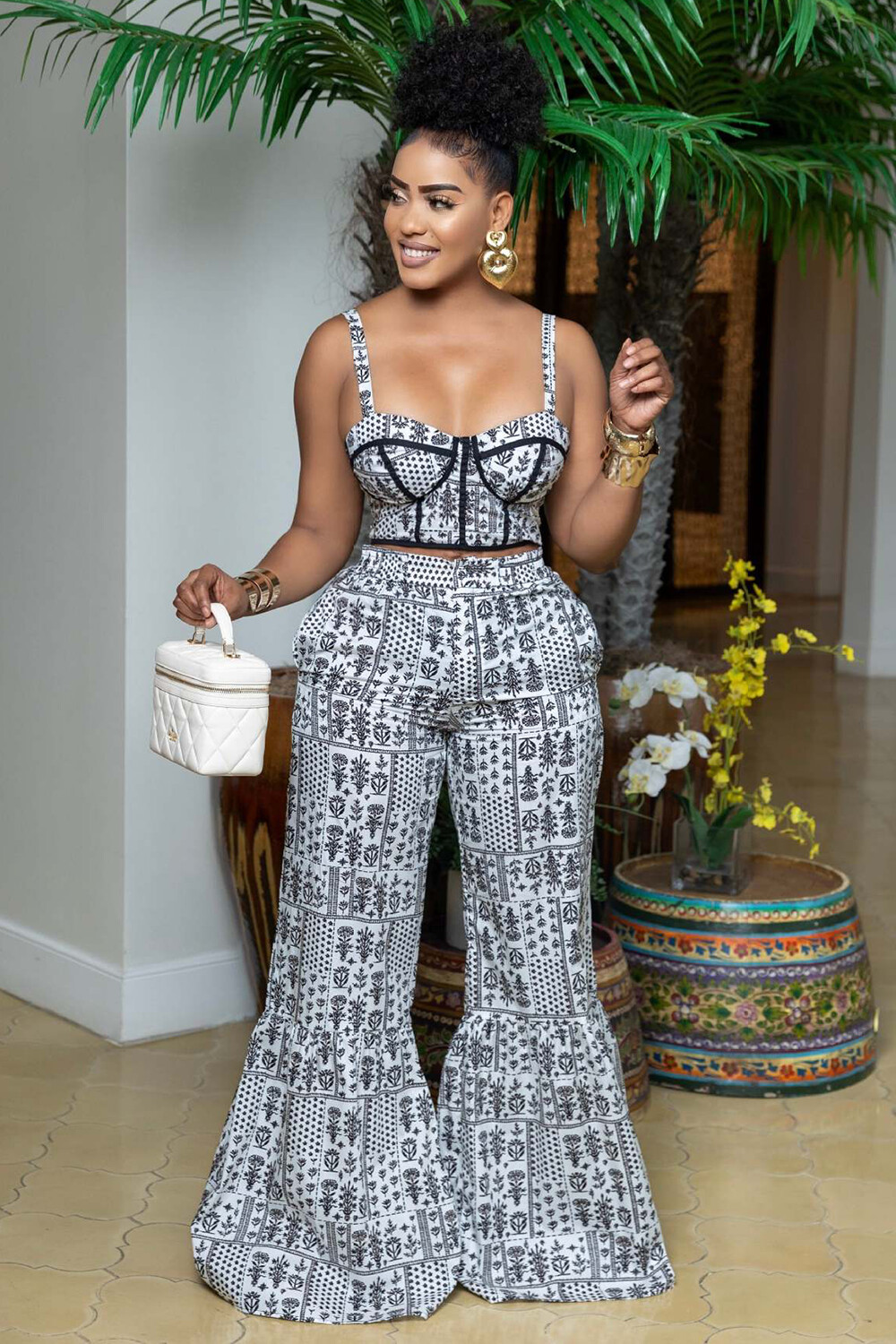 Crop Cami Ditsy Floral Mixed Print High Waist Flared Pants 2pcs Set-White