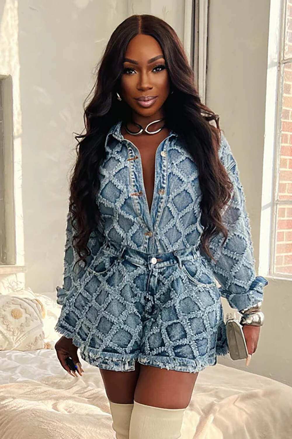 Denim Raw Edge Plaid Pattern Long Sleeve Blouse A-Line Shorts 2pcs Set-Blue