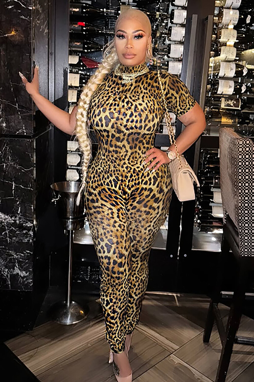 Leopard Print Stand Collar Short Sleeve Open Back Skinny Jumpsuit-Yellow