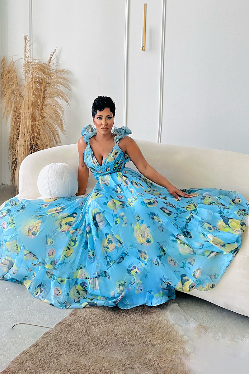 V Neck Ruffle Lace Up Cinch Waist Floral Print Wedding Guest Vacation Maxi Dresses-Blue