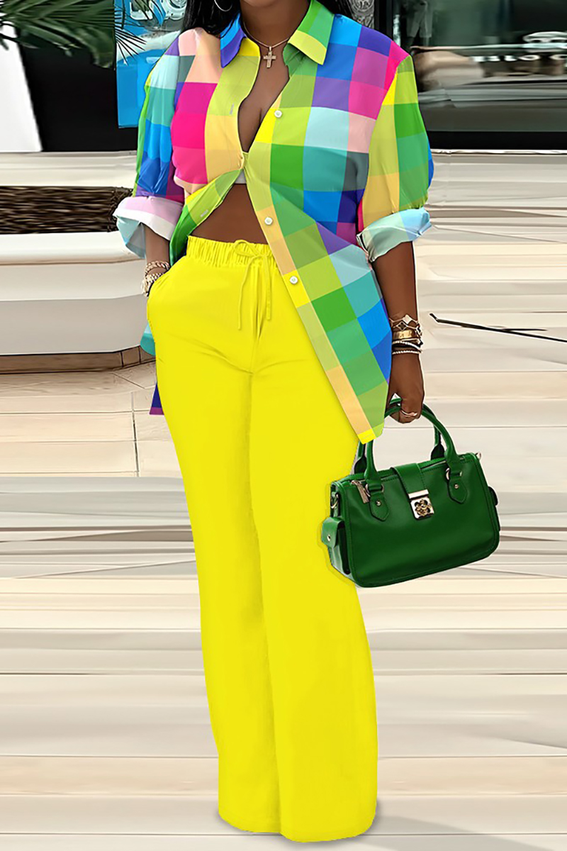 Multicolored Plaid Button Blouse High Waist Pocket Straight Leg Pants Matching Set