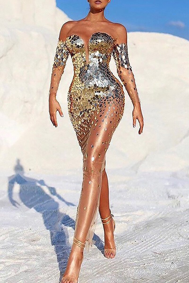 Sparkling Sequin Off Shoulder Long Sleeve See Through Party Maxi Dresses-Gold