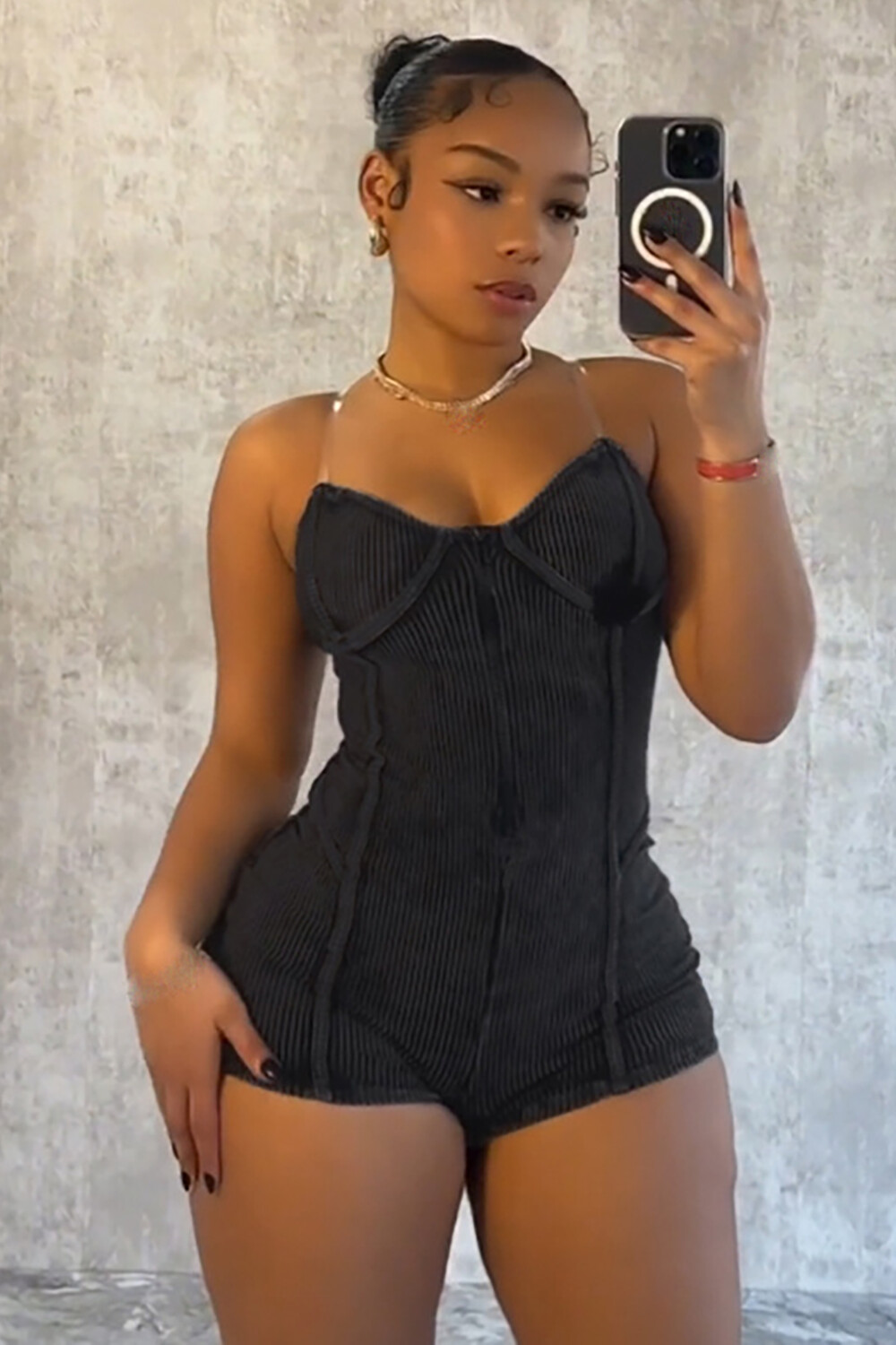 Textured Knit Strapless Zipper Transparent Straps Playsuit Romper-DarkGrey
