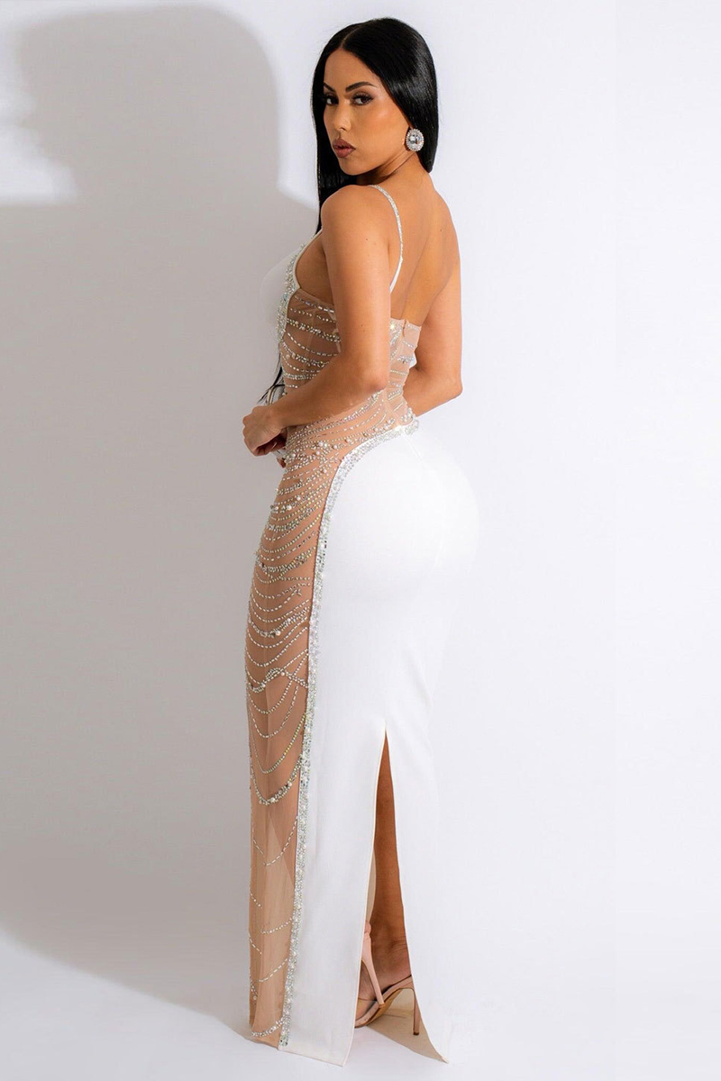 Pearls Rhinestone See-Through One Shoulder Mesh Cami Slit Party Maxi Dress
